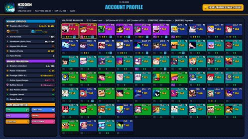 GEMS SPENT 3860 💙 24k TROPHY 💙 50 SKINS 💙 GODZILLA BUZZ 💙 ROBO MIKE 💙 SQUAD BUSTER SHELLY 💙 SUPER RANGER BROCK BLUE 💙 CLASSIC DYNAMIKE 💙 MEGA BOX DARRYL 💙 OMEGA BOX DARRYL 💙 MARAUDER MAISIE 💙 BARBARIAN KING BULL 💙 BEACH BROCK 💙 64 BRAWLERS 💙 2 MAX