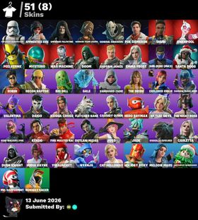 💜51 SKINS💜PSN XBOX NINTENDO PC💜1800-vBUCKS💜CAT HOLLOWAY📌CARLETTA✅VOID WALKER LYNX📌GALE✅THE BRIDE VANGUARD ZADIE ROBIN RECON RAPTOR📌GENERAL GRIEVOUS✅EMPEROR PALPATINE