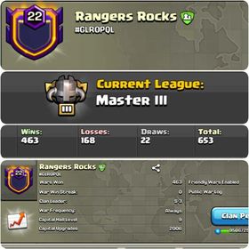 ➤CLAN LEVEL 23➤ MASTER LEAGUE 3➤NAME: RANGERS ROCKS ➤ RARE ENGLISH NAME ➤ CLAN CAPITAL 9|| WIN-663  | LOSS- 168➤LOW PRICE