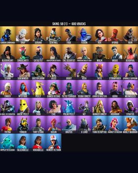 58 Skins Deadpool ⭐️ Meowscles ⭐️ Peely ⭐️ Midas ⭐️ Skye ⭐️ Rippley vs Sludge ⭐️ Catalyst ⭐️ Tony Stark ⭐️ Jennifer Walters ⭐️ Mystique ⭐️ 8-Ball vs Scratch ⭐️ Groot ⭐️ Doctor Doom ⭐️ Fusion ⭐️ Ocean ⭐️ Remedy vs Toxin ⭐️ Rox ⭐️ Ember ⭐️ m9259175297