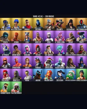 42 Skins Bruno Mars ⭐️ Blue Team Leader ⭐️ The Foundation ⭐️ Boba Fett ⭐️ Fable ⭐️ Silver Surfer ⭐️ Spider-Man ⭐️ Calamity ⭐️ Blackheart ⭐️ Jack Sparrow ⭐️ Hybrid ⭐️ Zenith ⭐️ DJ Yonder ⭐️ Lynx ⭐️ Giddy-up ⭐️ Sgt. Winter ⭐️ Dusk ⭐️ Powder m9162581634