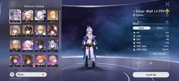 [ASIA] Starter Level 7 | SilverWolf LVL.999 + Yao Guang + Sparxie + Dan Heng PT  | Golden Companion Spirit x3 | Male MC | All Unset