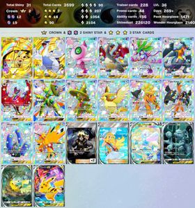 4923 ENG cards ✨Pack Hourglass 2521 ✨6 Crown (Lugia ex, Raichu, Munchlax, Aegislash, Charizard ex) ✨Total Shiny 37 ✨3*(AR+) 12 ✨Poke Gold 48