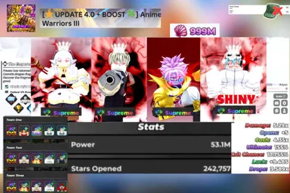Anime Warriors III 21🔥| ✨Power 53M ☀️Summer 22M |👑4 Superme |🔓Clean • Account/phone not verified • Instant Delivery🔥 Anime Warriors 3