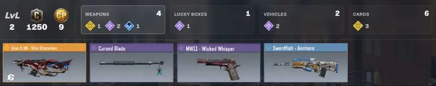 Grau 5.56 - Shin Shoryuken ✨Cursed Blade ✨MW11 - Wicked Whisper ✨2lvl/1Legend/2Epic/1Rare/1.3K C/9 CP ✨Swordfish - Anchors ✨[LS]