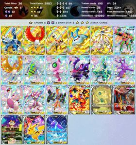 4147 ENG cards ✨Pack Hourglass 2459 ✨5 Crown (Dialga ex, Klefki, Ho-Oh ex, Mantyke, Solgaleo ex) ✨Total Shiny 42 ✨3*(AR+) 11 ✨Poke Gold 45
