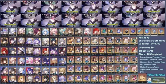 Asia | 179*5 | Meta Teams, Whale Collector Account, SW LV999 E2, Phainon E2, Acheron E2, FireFly E2 + Skin, Robin E2, Kafka E2, Etc | Easy FullStar | 74x Pulls SJ | Fast Delivery