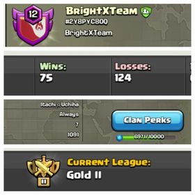 ➤CLAN LEVEL 12 ➤ GOLD LEAGUE 2➤NAME:BrightXTeam  ➤ RARE ENGLISH NAME ➤ CLAN CAPITAL 7|| WIN- 75 | LOSS- 124➤LOW PRICE