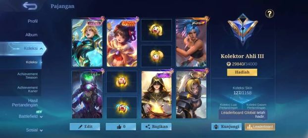 EX 430|LV 40|HERO 70|SKIN 127|EXPERT III|1 MAX EMBLEMKARINA KOF|EUDORA LUCKYBOX|NATALIA COLLECTOR|CHANG'E LUNARFEST|VALE GAARA|SILVANA MEOWKIN|2 VENOM|8 EPIC|