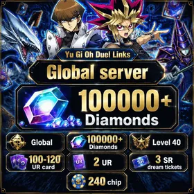 Global | Level 40 | 100000+ Diamonds, 2 UR dream tickets, 3 SR dream tickets, Character ticket, 100-120 UR card, 40+ characters, 240 chip, Book of Moon x3, Cosmic Cyclone x3, Crackdown x1, Dark Hole x3, Forbidden Chalice x3, Karma Cut x3, Mystical Space Typhoon x3, Treacherous Trap Hole x2, Warning Point x3, Blue-Eyes Alternative White Dragon, Monster Reborn, Skill Card, Wall of Disruption x1