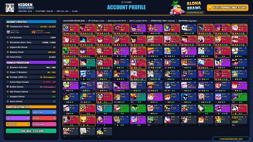 GEMS SPENT 29019 💙 65k TROPHY 💙 281 SKINS 💙 BORN BAD BUZZ 💙 NINJA ASH 💙 SOVEREIGN RICO 💙 DEMON MORTIS 💙 GODZILLA BUZZ 💙 CYBER SHELLY 💙 BUBBLEGUM MECHA JESSIE 💙 NIGHT MECHA CROW 💙 LIGHT MECHA BO 💙 EVIL QUEEN PAM 💙 SURGE LIGHTYEAR 💙 102 BRAWLERS 💙 36 MAX