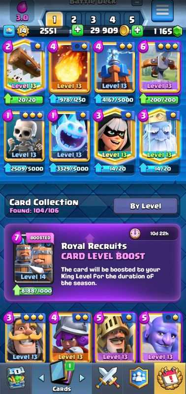 LEVEL 14 MAX ll 41 CARDS LVL 14 AND 13 ll 4 LEGENDS LVL +13 ll HIGHEST : 6320 ll ANDROID AND IOS