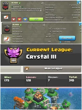 ➤CLAN LEVEL 15 ➤ CRYSTAL LEAGUE 3➤NAME: BLADE➤ RARE ENGLISH NAME ➤ CLAN CAPITAL 7 || WIN- 175 | LOSS- 128 ➤LOW PRICE