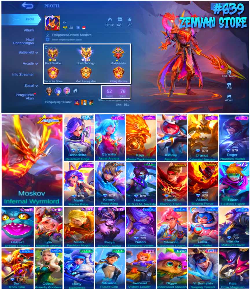 639 ⭐ 52 Hero 76 Skin ⭐ All Star Moskov Many Skin Epic , Epic