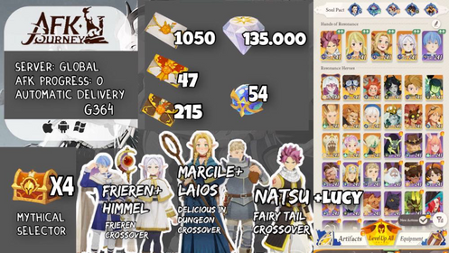⚔️ Lucy+Natsu+Marcille+Laios+Frieren+Himmel+1320 invitations +135,000 diamonds+ Celestial/Hypogean(+4xselector)+Aurora (Supreme+)| AFK progress 0 | Global | G364 | Instant Delivery #afk04