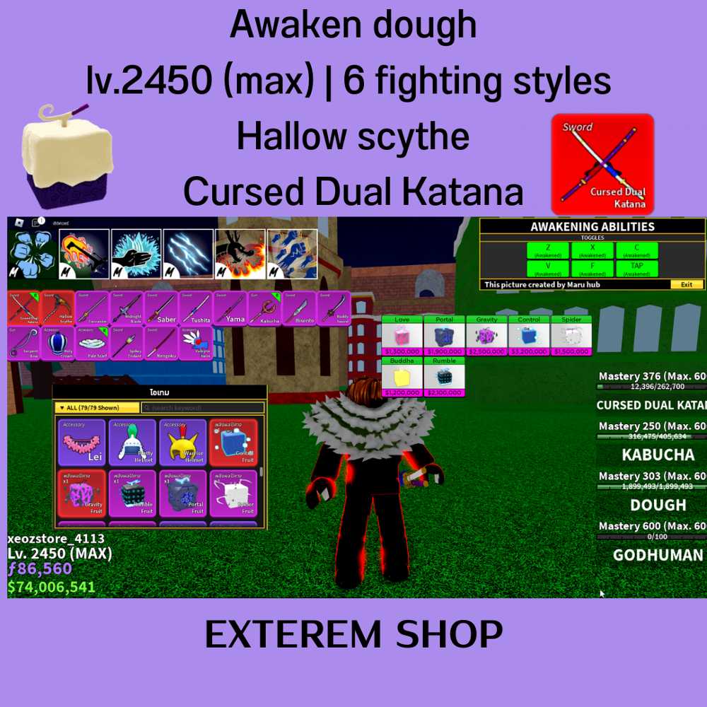 Blox Fruit Account Lv2450Max Awaken Dough GodHuman Cursed Dual Katana Hallow scythe