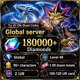 Global | Level 40 | 180000+ Diamonds, 2 UR dream tickets, 3 SR dream tickets, Character ticket, 100-120 UR card, 90+ characters, 240 chip, Book of Moon x3, Cosmic Cyclone x3, Crackdown x1, Dark Hole x3, Forbidden Chalice x3, Karma Cut x3, Mystical Space Typhoon x3, Treacherous Trap Hole x2, Warning Point x3, Blue-Eyes Alternative White Dragon, Monster Reborn, Skill Card, Wall of Disruption x1