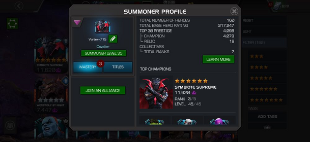CAVALIER / LVL 35 / 12 6* / 217K RATING / IOS|ANDROID / 160 HEROES