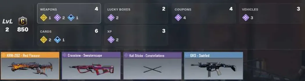 KRM-262 - Red Fissure ✨Crossbow - Sweaterscape ✨Kali Sticks - Constellations ✨2lvl/1Legend/2Epic/1Rare/850 C ✨GKS - Swirled ✨[LS]