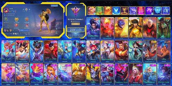 239 SKINS | 2 LEGEND VALIR & ALUCARD | SAINT SEIYA GOLD CHOU & VALIR | EXORCIST YU ZHONG | KOF KARINA | 2 ZODIAC | 23 LIMITED EVENT | 26 RARE SHOP |