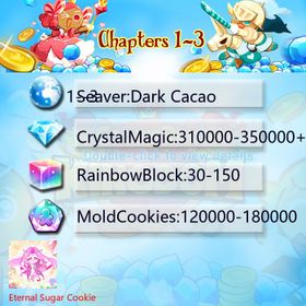 Dark Cacao|Eternal Sugar Cookie|Crystals310000-350000|Rainbow Cubes120000-180000|Cookie Cutters30-150|Chapters 1-3 iOS/Android/Starter Account|JGHY