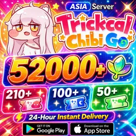 ASIA server|52000+ Crystal Leaf|210+ Apostle Recruitment Tickets|100+ Card Gacha Tickets|50. Rookie Recruitment Tickets|3+  3-Star Tickets(Story. Partially Cleared|Trickcal:Chibi Go