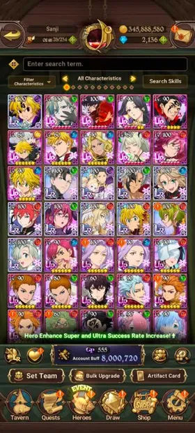 Global, 2.136💎 8 Million buff, 11LR + 11UR + 13 collab chars : Full Gachiakuta + 6 chars Rezero + Full Fire Force, have newest UR Meliodas LR 4/6 + MerlinEscanor 4/6 + Another Meliodas + Another Ban