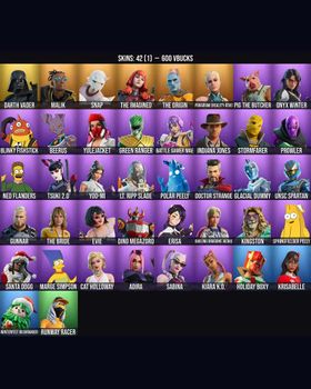 42 Skins Erisa ⭐️ Cat Holloway ⭐️ Darth Vader ⭐️ Sentinel ⭐️ Evie ⭐️ Malik ⭐️ Snap ⭐️ The Imagined ⭐️ The Origin ⭐️ Paradigm (Reality-659) ⭐️ Pig the Butcher ⭐️ Onyx Winter ⭐️ Blinky Fishstick ⭐️ Beerus ⭐️ Yulejacket ⭐️ Green Ranger ⭐️ m9930476314