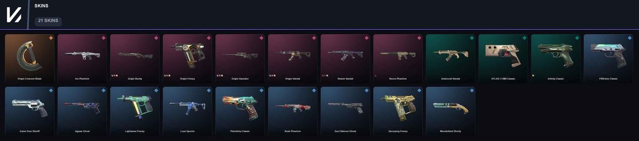 21 SKINS+1 KNIFE+ORIGIN CRESCENT BLADE+ION PHANTOM+ORIGIN BUCKY+ORIGIN FRENZY+ORIGIN OPERATOR+ORIGIN VANDAL+REAVER VANDAL+RECON PHANTOM+ARISTOCRAT VANDAL+ATLAS // CMD CLASSIC+INFINITY CLASSIC+FIRE/ARM CLASSIC+GAME OVER SHERIFF+JIGSAW GHOST+LIGHTWAVE FRENZY+LUXE SPECTRE+PISTOLINHA CLASSIC+RUSH PHANTOM+SOUL SILENCER GHOST+SWOOPING FRENZY+WUNDERKIND SHORTY | ZXIMG:q88L7Yk
