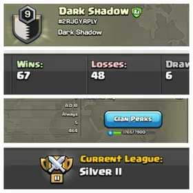 ➤CLAN LEVEL 9 ➤ SILVER LEAGUE 2➤NAME:Dark Shadow  ➤ RARE ENGLISH NAME ➤ CLAN CAPITAL 5 || WIN- 67 | LOSS-48 ➤LOW PRICE