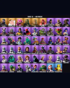 53 Skins Hades ⭐️ Lana Llane ⭐️ Spirit Hunter Saeko ⭐️ Korra ⭐️ Cerberus ⭐️ The Machinist ⭐️ Cuddle Team Leader ⭐️ Splinter ⭐️ April O'Neil ⭐️ Grimey ⭐️ Anakin Skywalker ⭐️ Clone Trooper ⭐️ Cloaked Shadow ⭐️ Nord Warrior ⭐️ Ravage ⭐️ m246877176
