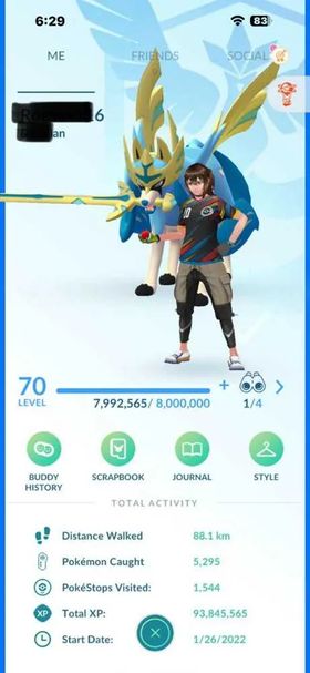 LVL 70 | SHINY ZACIAN AND MOLTRES | PERFECT 4* GARCHOMP | BACKGROUND RAYQUAZA | 15 HUNDO | 130 SHINY | 83 SHADOW | 1018 POKEMON | 422 LEGENDARY | 9 MYTHICAL | 190 SPECIAL | 50x ULTRA BALL | 2x MASTER BALL  Account Stats  Level: 70  Total XP: 93,845,565  Stardust: 2,189,565  Start Date: 01/26/2022  Pokémon Caught: 5,295  PokéStops Visited: 1,544  Distance Walked: 88.1 km  Pokémon Storage: 1,150  Item Storage: 2,250 Pokémon Summary  Perfect (4★): 15  Shiny: 130  Legendary: 422  Mythical: 9  Shadow: 83  Purified: 10  Special Background: 46  Location Background: 33  Adventure Effect: 71  Dynamax: 8  Gigantamax: 3  Can Mega Evolve: 101 Key Inventory Items  Master Ball: 2  Rare Candy: 580  Rare Candy XL: 58  Elite Fast TM: 1  Elite Charged TM: 1  Fast TM: 177  Charged TM: 263  Lucky Egg: 25  Incense: 42  Star Piece: 19  Egg Incubator: 10  Super Incubator: 10  Rocket Radar: 7  Poffin: 10 High-Value Pokémon Highlights  100% IV (4★): Garchomp (4216 CP), Gardevoir (3292 CP), Meowscarada (3006 CP), Mewtwo (2984 CP), Regigigas (3047 CP), Uxie  Shiny Legendaries: Shiny Zacian (4013 CP), Shiny Regigigas, Shiny Palkia, Shiny Latios, Shiny Dialga, Shiny Rayquaza, Shiny Mewtwo, Shiny Solgaleo, Shiny Articuno, Shiny Virizion, Shiny Moltres, Shiny Entei, Shiny Deoxys  Mewtwo Resources: 15,950 Mega Energy X | 11,400 Mega Energy Y | 503 Candy | 536 Candy XL  Dialga Resources: Origin Forme with Roar of Time | 824 Candy | 126 Candy XL