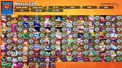 85K Trophies LVL171 | 93/104 Brawlers | 51 Max Brawlers - 34 Hypercharged | 256 Skins | 649 Pins | 312 Icons | 171 Sprays