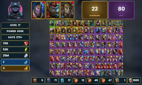 Varkos,Ukko.Shemnath!23 Legendary, 80 Epic Champion! 4 Sacred, 2 Ancient Shard! 52K Energy, 25M Silver, 700 Gems! Changeable Mail, No Ban, No Link