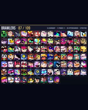🏆 33.8K Trophies • 🎮 87/109 Brawlers • 🎨 211 Skins • ⭐ 6 Legendary • ⚡ 35 Hypercharged • 💪 11 Maxed P11 • 👑 5 Prestige • 💎 7 Legendary / 5 Mythic / 5 Hypercharge Skins • 🔥 Godzilla Buzz, Axl Willow, Bandita Shelly, Constructor Jacky m9416379683