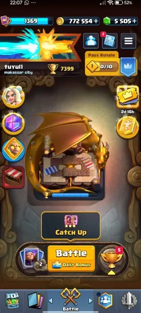 8 CHAMPIONS + KT 13  + 7399 Trophy + 5505 GEM + 9 EVO +  4 HEROES +  31 EMOTE + 3 SKIN TOWER + 82 BANNER