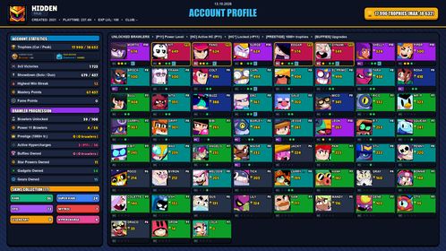 GEMS SPENT 6923 💙 18k TROPHY 💙 77 SKINS 💙 SOVEREIGN RICO 💙 SOVEREIGN BLING RICO 💙 SOVEREIGN GEM RICO 💙 GODZILLA BUZZ 💙 SQUAD BUSTER SHELLY 💙 STELLAR SHELLY 💙 DARK ANGEL COLT 💙 SUPER RANGER BROCK RED 💙 CLASSIC DYNAMIKE 💙 TENGU MIKE 💙 59 BRAWLERS 💙 4 MAX