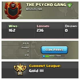 CU-➤CLAN LEVEL 17➤ GOLD LEAGUE 3➤NAME: THE PSYCHO GANG ➤ RARE ENGLISH NAME ➤ CLAN CAPITAL 8 || WIN- 162 | LOSS- 236➤LOW PRICE