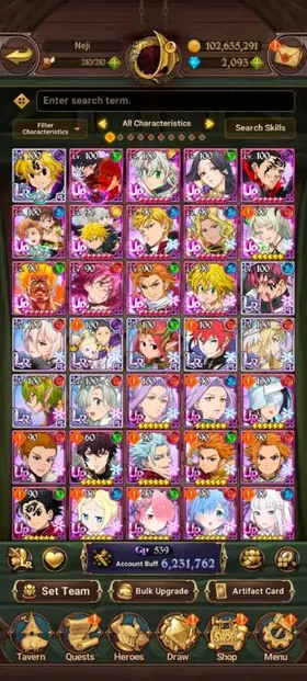 Global, 2.172💎6,2 Million buff, 9LR + 14UR + 15 collab chars : Full 9 chars Collab Rezero +3 char Gachiakuta + Full Collab Fire Force, UR : Newest UR Meliodas LR 3/6 + MerlinEscanor 2/6 + Tristan + Skuld + Oppression Demon King + KingDiane +  EliMeli + Lancelot + Thor + Sabunak + Escanor + Gowther + Arthur + King Demon Meliodas, have 97x LR coin