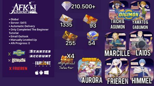 Frieren+Himmel+ Marcille+Laios+ 1680 invitations +210,500 diamonds+ 8 Celestial/Hypogean(4xselector) | AFK progress 0 | Global | S415 | Instant Delivery #afk06