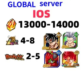 IOS[GLOBAL][INSTANT]13000-14000 Dragon Stones+The character in the picture|4-6 LR+2-5 limited role DRAGON BALL Z DOKKAN BATTLE Farmed Starter Account|SKU02|Dragon Ball Z Dokkan Battle