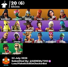 [PC] 20 skins | Blackheart | Singularity | Sentinel | Hybrid | Rox | Vendetta | Peely | Bunker Jonesy | Sidewinder | Demi | Ember | Cobalt | Vega | 400 VB
