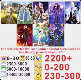 Japen server|2200+ Saint Quartz +Characters in the picture+ Call Sign 0-200 +Golden Fruit 230-300[See Picture]|Optional five stars not used + Plot has passed 3.2|Android|iOS |DCLb034|Fate Grand Order