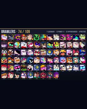 🏆 20.3K Trophies • 🎮 74/109 Brawlers • 🎨 112 Skins • ⭐ 7 Legendary • ⚡ 22 Hypercharged • 💪 12 Maxed P11 • 👑 4 Prestige • 💎 3 Legendary / 1 Mythic / 2 Hypercharge Skins • 🔥 Dark Angel Edgar, Outlaw Colt, Axl Willow, Bandita Shelly m9792668272