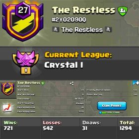 Clan Level 27 🔥 Name- The Restless ♥️ Capital Hall 10 Full Max 🔥 Crystal 1 League 🔥 Win 721 Loss 542🔥