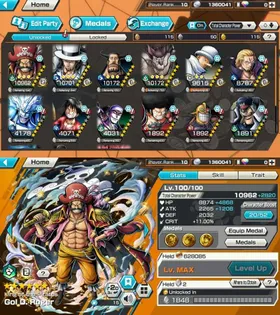 LVL 10 - 2 EX META MAX - GOLD D ROGER MAX - ROB LUCCI MAX - GOOD BF BLUENO MAX - JABRA MAX - GOOD MEDAL - MANY MEDAL MATERIAL - BR32