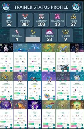 4300 CP IV100 MEWTWO 10TH ANNIVERSARY | 77 SHINY | 9 SHUNDO | 27 HUNDO | 4 MYTHICAL | 13 GIGANTAMAX | 28 DYNAMAX | 108 LEGENDARY | 8 SHADOW | 40 SPECIAL | 130x ULTRA BALL | 1x MASTER BALL  Account Details  Level: 56    Total XP: 23,622,495    Stardust: 659,405    Pokémon Storage: 385 / 400    Item Storage: 673 / 800   Pokémon Overview  Legendary: 108    Shiny: 707    Perfect (4★ / Hundo): 27    Shundo (Shiny 4★): 9    Mythical: 4    Dynamax: 28    Gigantamax: 13    Special Background: 72    Location Background: 41    Adventure Effect: 31    Shadow: 8    Event: 81   Mewtwo Resources  Mewtwo Candy: 175    Mewtwo Candy XL: 73    Mega Energy X: 5,950    Mega Energy Y: 7,214   Main Items  Ultra Ball: 130    Poké Ball: 21    Max Potion: 8    Hyper Potion: 8    Revive: 36    Max Revive: 31    Golden Razz Berry: 43    Pinap Berry: 45    Rare Candy: 23    Rare Candy XL: 76    Fast TM: 37    Charged TM: 72    Elite Fast TM: 1    Elite Charged TM: 1
