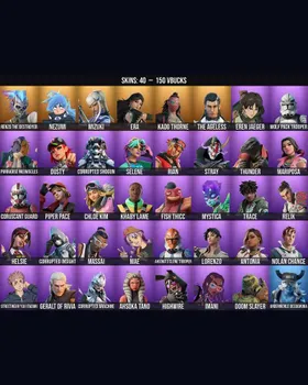40 Skins Stray ⭐️ Helsie ⭐️ Purradise Meowscles ⭐️ The Ageless ⭐️ Eren Jaeger ⭐️ Highwire ⭐️ Renzo the Destroyer ⭐️ Nezumi ⭐️ Mizuki ⭐️ Era ⭐️ Kado Thorne ⭐️ Wolf Pack Trooper ⭐️ Dusty ⭐️ Corrupted Shogun ⭐️ Selene ⭐️ Rian ⭐️ Thunder ⭐️ m246853342