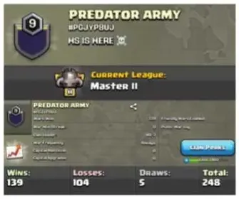 ➤CLAN LEVEL 9 ➤MASTER LEAGUE 2➤NAME:PREDATOR ARMY  ➤ RARE ENGLISH NAME ➤ || WIN- 139 | LOSS-104 ➤LOW PRICE