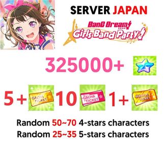 【Server Japan】325000 Gems + All Tickets shown in image + Random 50~70 4-stars characters + Random 25~35 5-stars characters | Rank 3+ | Reroll Account | Starter Account